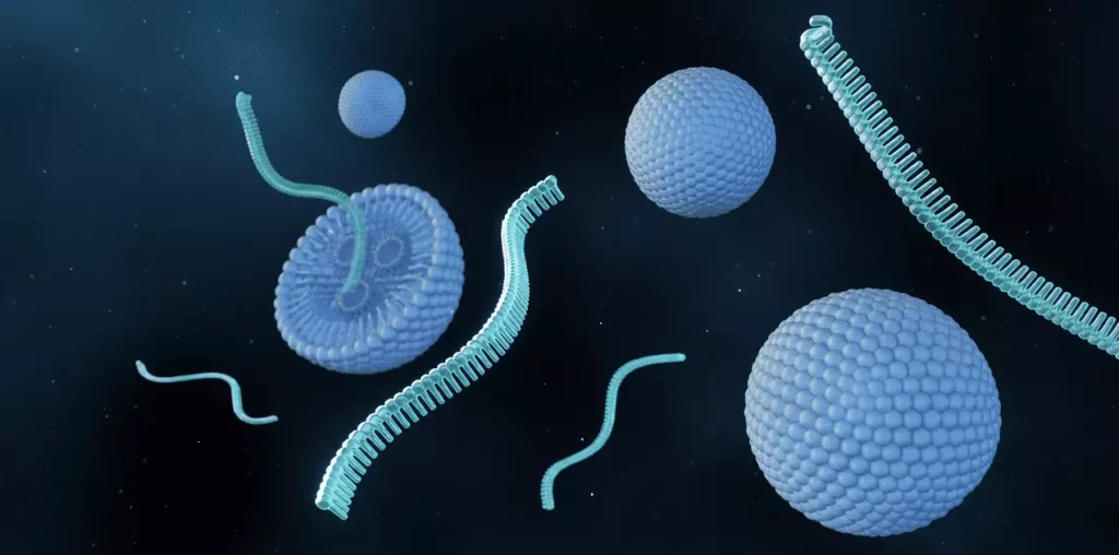 3d rendering of RNA strands or small interfering RNA or siRNA, mRNA or CRISPR delivery mediated by lipid-based nanoparticles